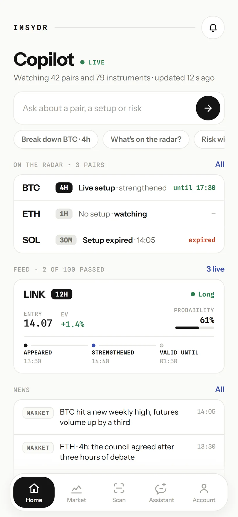 Insydr home screen: your radar, the latest live setup and market news