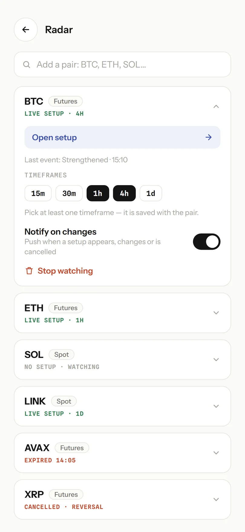 Insydr radar: pairs under review with their current status