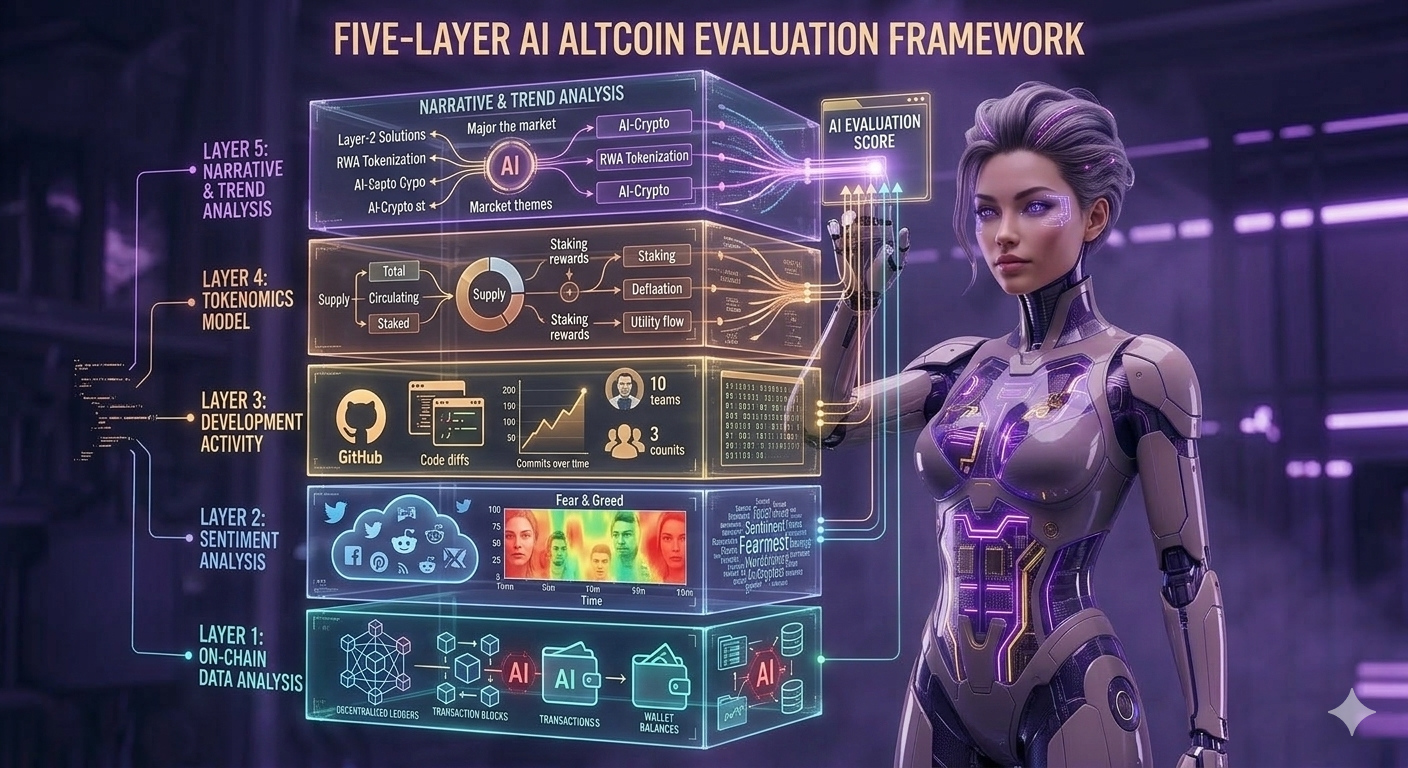 Five-layer AI altcoin evaluation framework showing on-chain, sentiment, development, tokenomics, and narrative analysis