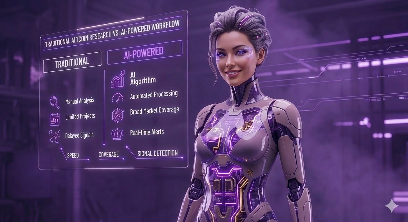 Comparison of traditional manual altcoin research versus AI-powered research workflow