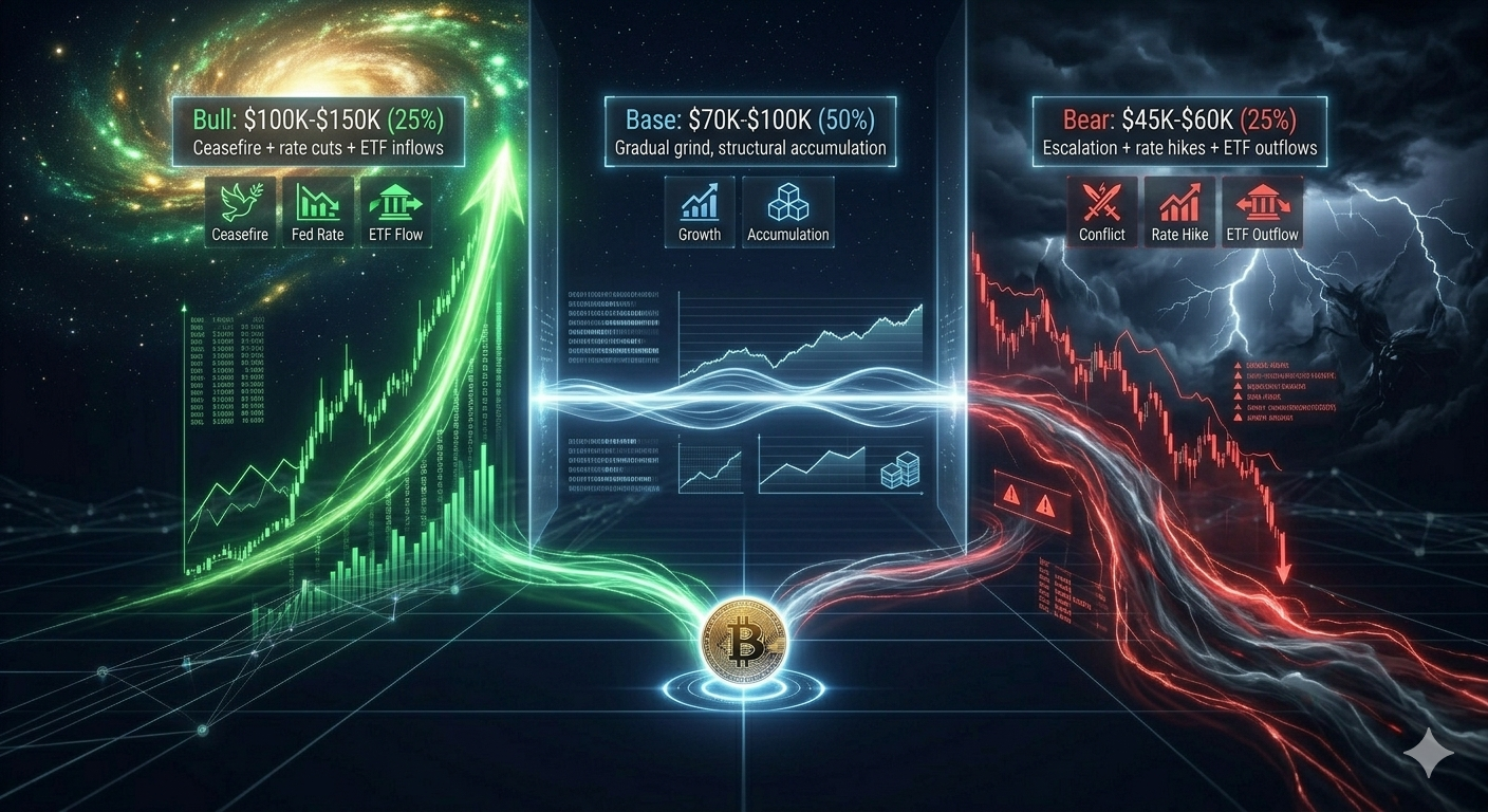 Three scenarios for Bitcoin in 2026 showing bull base and bear case price ranges