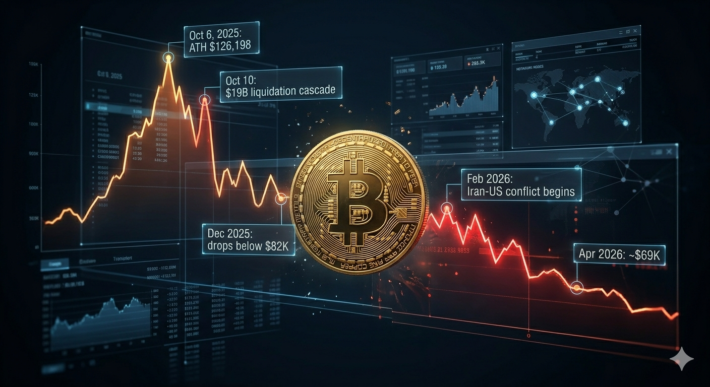 Bitcoin price chart from ATH to current level showing key events in 2025-2026