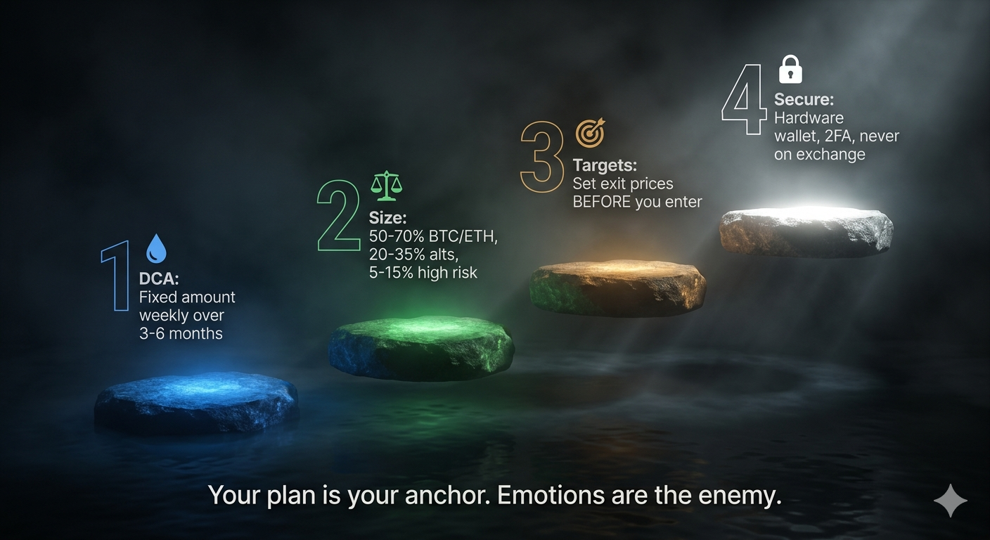Bear market execution playbook infographic showing DCA position sizing exit targets and security steps