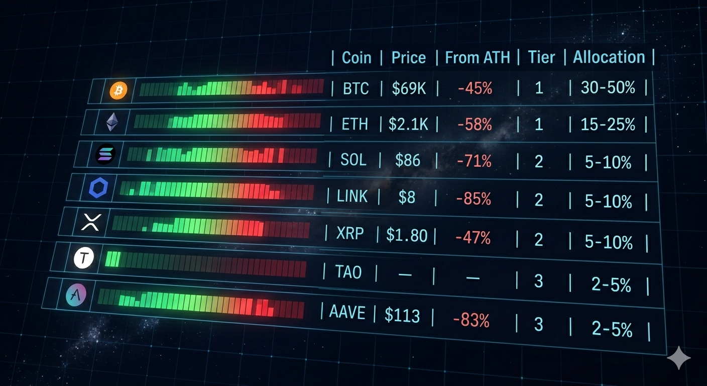 Comparison table of best crypto to buy during bear market 2026 with risk tiers and key metrics