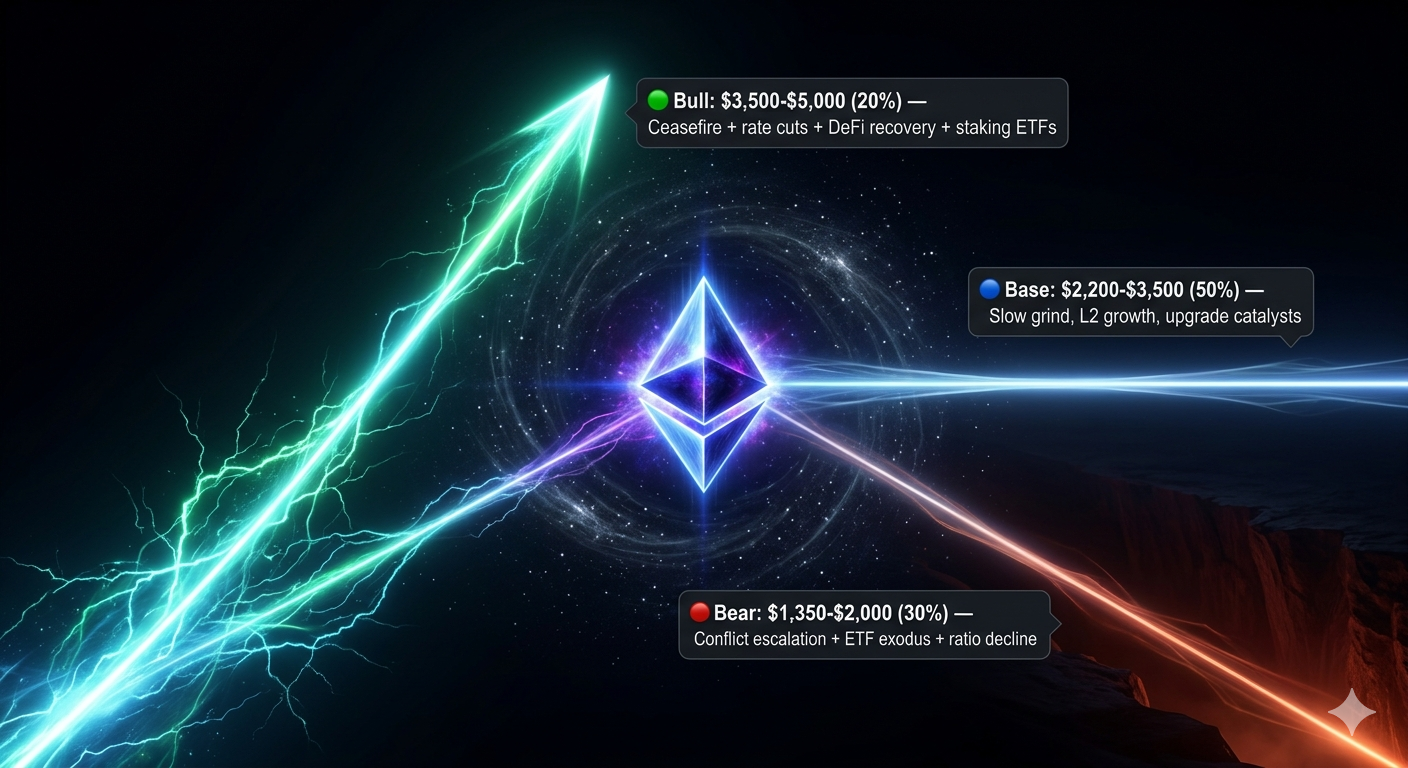 Three price scenarios for Ethereum in 2026 showing bull base and bear case ranges