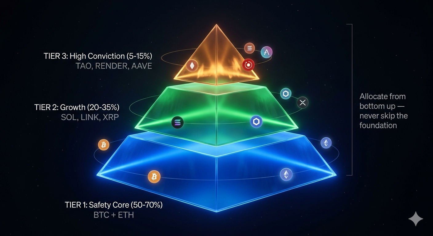 Three-tier crypto investment strategy pyramid showing conservative core moderate growth and high-risk picks